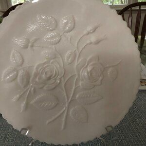 PLATE-10 IN.-WHITE-FLOWER DESIGN FRONT/BACK-SMALL PEDESTAL-SCALLOPED EDGES